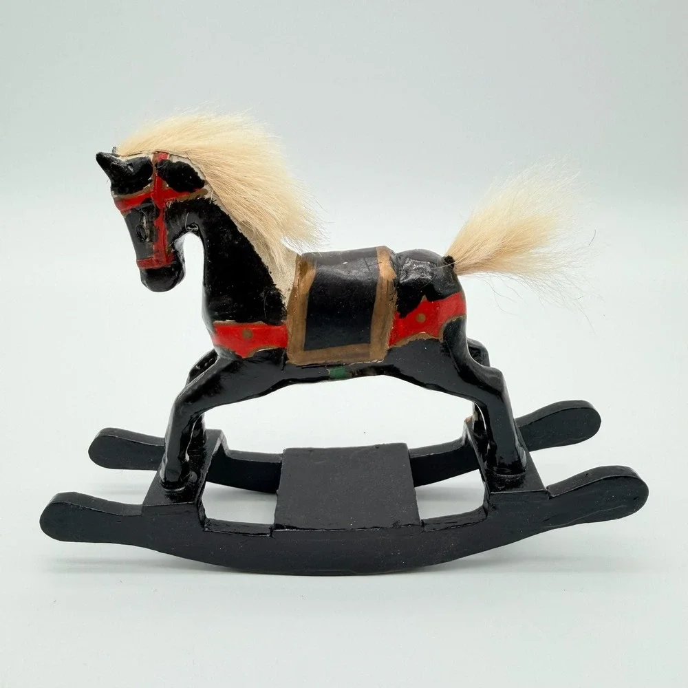 Vintage Hand-Carved Wooden Rocking Horse Figurine with Real Hair Mane and Tail